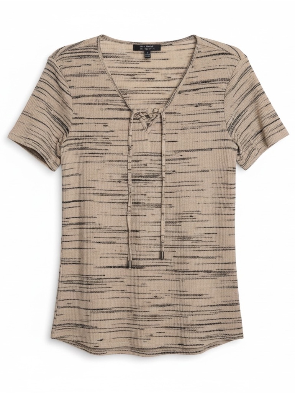 NWOT Lisa Rinna Short Sleeve Tan Space-dyed V-neck Laceup Ribbed Top